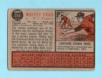 1962 Topps #310 Whitey Ford New York Yankees Baseball Card Low Grade      