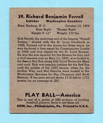 1939 Play Ball #39 Rick Ferrell Washington Senators Baseball Card EX+