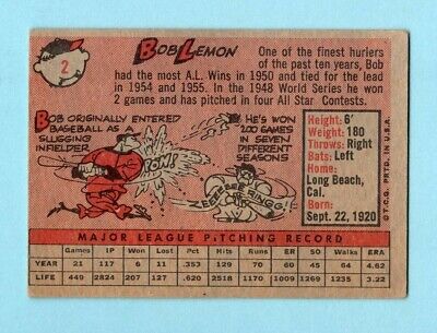 1958 Topps #2 Bob Lemon Cleveland Indians Baseball Card EX