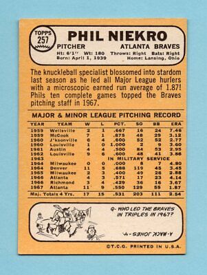 1968 Topps #257 Phil Niekro Atlanta Braves Baseball Card NM  