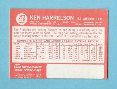 1964 Topps #419 Ken Harrelson KC Athletics Rookie Baseball Card NM o/c      