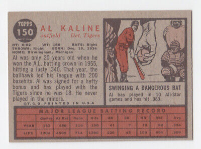 1962 Topps #150 Al Kaline Detroit Tigers Baseball Card NM o/c   