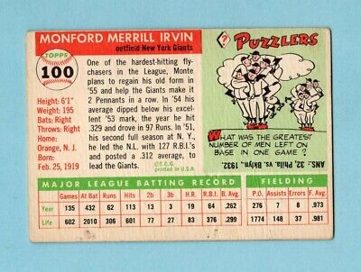 1955 Topps #100 Monte Irvin New York Giants Baseball Card Low Grade