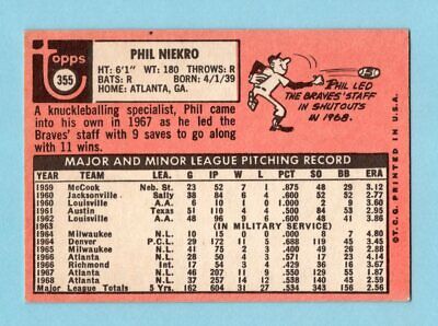 1969 Topps #355 Phil Niekro Atlanta Braves Baseball Card EX+ 