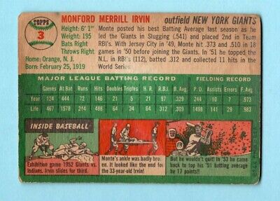 1954 Topps #3 Monte Irvin New York Giants Baseball Card Low Grade