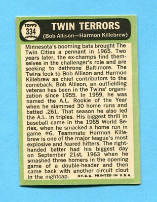 1967 Topps #334 Twin Terrors Killebrew, Allison Baseball Card Ex/Mt ap ty wrk   