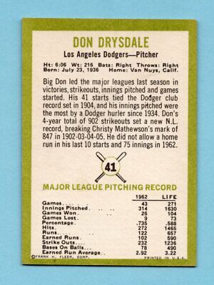 1963 Fleer #41 Don Drysdale Los Angeles Dodgers Baseball Card EX+ ap scf mks