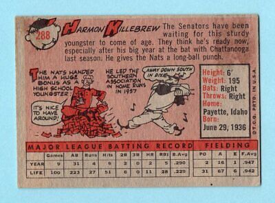 1958 Topps #288 Harmon Killebrew Washington Senators Baseball Card EX o/c