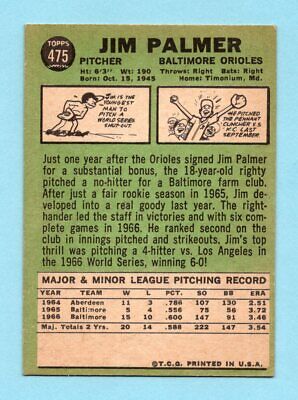 1967 Topps #475 Jim Palmer Baltimore Orioles Baseball Card Ex/Mt o/c    