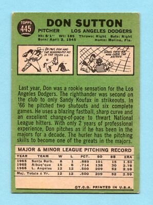 1967 Topps #445 Don Sutton Los Angeles Dodgers Baseball Card Low Grade   