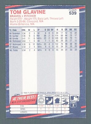 1988 Fleer #539 Tom Glavine Atlanta Braves Rookie Baseball Card NM       