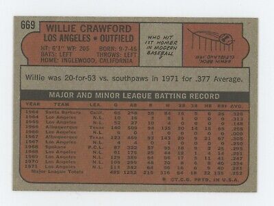 1972 Topps #669 Willie Crawford Los Angeles Dodgers High Number Baseball Card NM