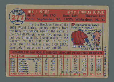 1957 Topps #277 Johnny Podres Brooklyn Dodgers Baseball Card Vg-Ex lit wrks