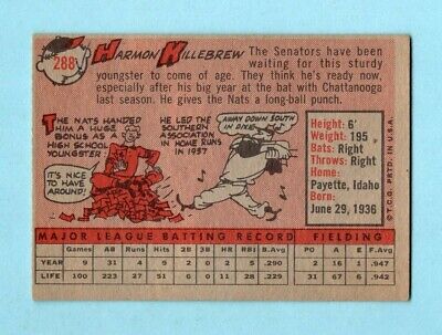 1958 Topps #288 Harmon Killebrew Senators Baseball Card E+ -E/M o/c ap pmb scbl