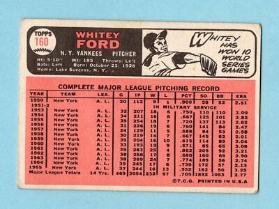 1966 Topps #160 Whitey Ford New York Yankees Baseball Card VG+ ap wrk/src      