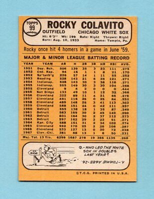 1968 Topps #99 Rocky Colavito Chicago White Sox Baseball Card NM 