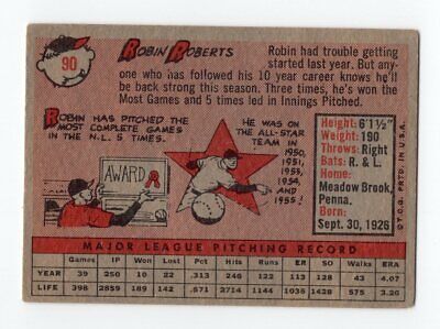 1958 Topps #90 Robin Roberts Philadelphia Phillies Baseball Card Vg/Ex