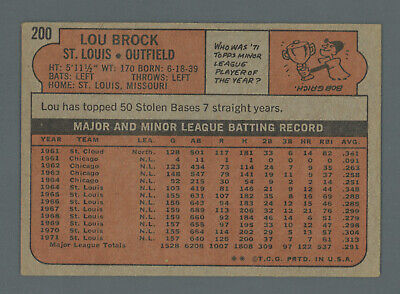 1972 Topps #200 Lou Brock St. Louis Cardinals Baseball Card EX scra 