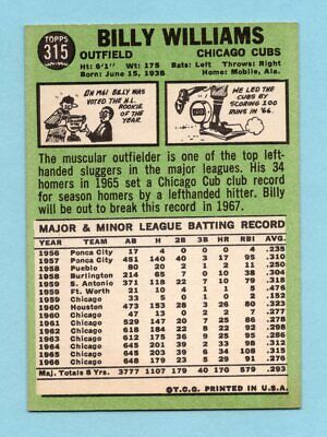 1967 Topps #315 Billy Williams Chicago Cubs Baseball Card NM o/c 