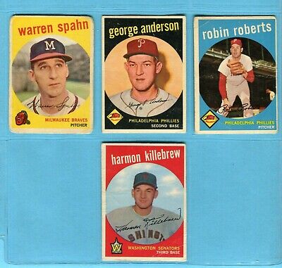 1959 Topps Lot of 4 Different Hall of Famer Baseball Cards Low Grade