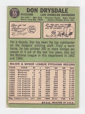 1967 Topps #55 Don Drysdale Los Angeles Dodgers Baseball Card Vg/Ex wrk 