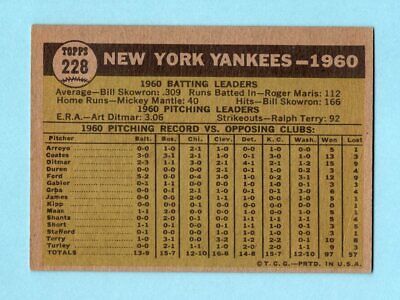 1961 Topps #228 New York Yankees Team Baseball Card EX - Ex+ ap wrk/cres 