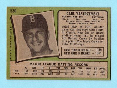 1971 Topps #530 Carl Yastrzemski Boston Red Sox Baseball Card EX - EX+