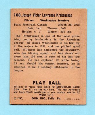 1940 Play Ball #188 Joe Krakauskas Washington Senators Baseball Card Ex/Mt o/c