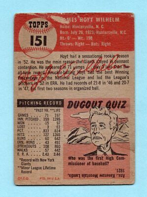 1953 Topps #151 Hoyt Wilhelm New York Giants Baseball Card Low Grade