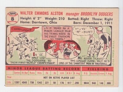 1956 Topps #8 Walter Alston Brooklyn Dodgers Baseball Card EX White Back