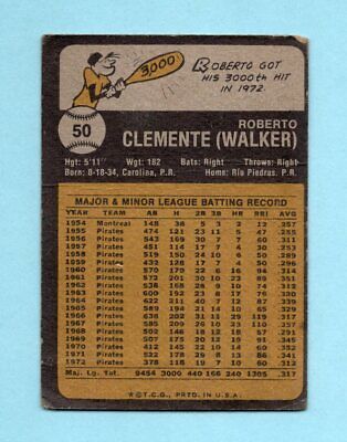 1973 Topps #50 Roberto Clemente Pittsburgh Pirates Baseball Card Low Grade