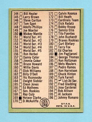 1967 Topps #103 2nd Series Checklist Mickey Mantle Baseball Card NM cked bk