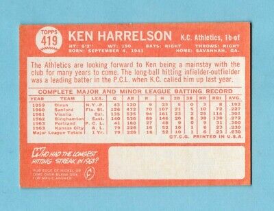 1964 Topps #419 Ken Harrelson KC Athletics Rookie Baseball Card Ex/Mt o/c      