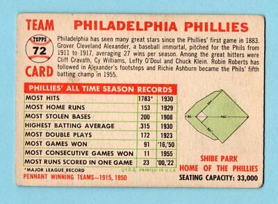 1956 Topps #72 Philadelphia Phillies Team Baseball Card VG lwtl