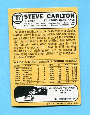 1968 Topps #408 Steve Carlton St. Louis Cardinals Baseball Card NM  