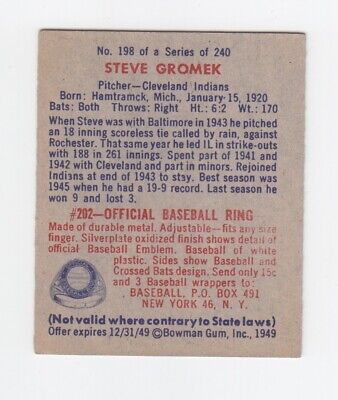 1949 Bowman #198 Steve Gromek Cleveland Indians High Number Baseball Card EX+ wk