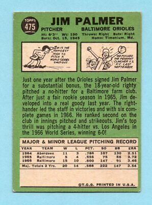 1967 Topps #475 Jim Palmer Baltimore Orioles Baseball Card EX o/c    