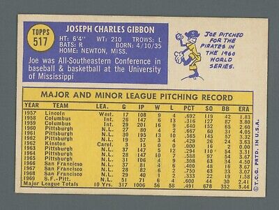 1970 Topps #517 Joe Gibbon Pittsburgh Pirates Baseball Card Ex/Mt 