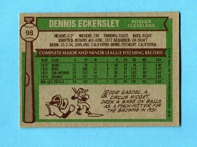 1976 Topps #98 Dennis Eckersley Cleveland Indians Rookie Baseball Card Ex/Mt