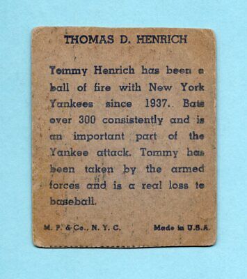 1943 M.P. & Co. (R302-1) Tommy Henrich New York Yankees Baseball Card VG lt wrk 