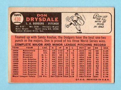 1966 Topps #430 Don Drysdale Los Angeles Dodgers Baseball Card Vg/Ex o/c wrks  