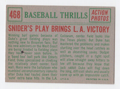 1959 Topps #468 Duke Snider's Play Brings L. A. Victory Baseball Card Ex/Mt o/c