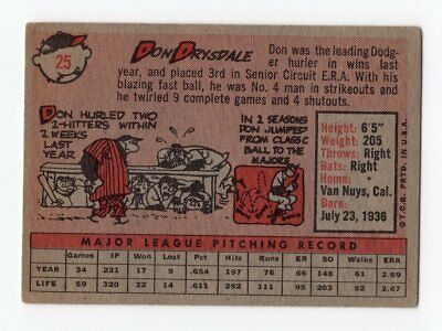 1958 Topps #25 Don Drysdale Los Angeles Dodgers Baseball Card EX