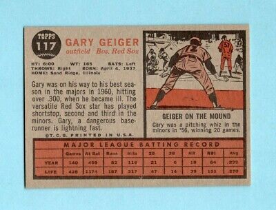 1962 Topps #117 Gary Geiger Boston Red Sox Greenish Tint Varia Baseball Card NM 