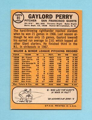 1968 Topps #85 Gaylord Perry San Francisco Giants Baseball Card NM 