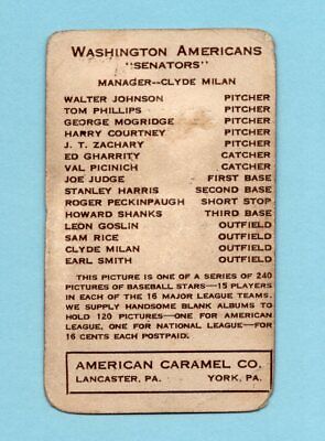 1922 American Caramel E120 Tom Phillips Washington Senators Baseball Card 