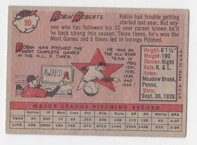 1958 Topps #90 Robin Roberts Philadelphia Phillies Baseball Card EX