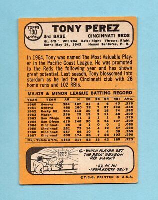 1968 Topps #130 Tony Perez Cincinnati Reds Baseball Card EX