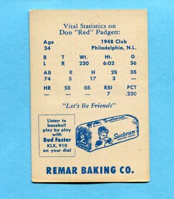 1949 Remar Bread Don Padgett Oakland Oaks Baseball Card EX