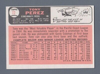 1966 Topps #72 Tony Perez Cincinnati Reds Baseball Card NM o/c